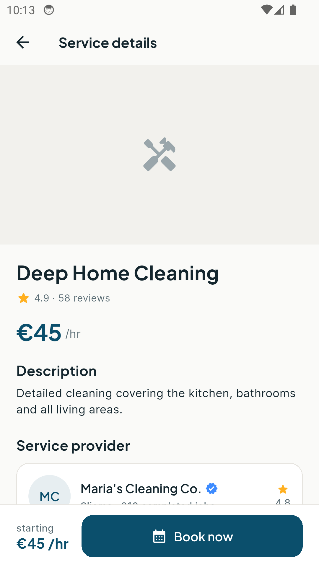 Service detail screen