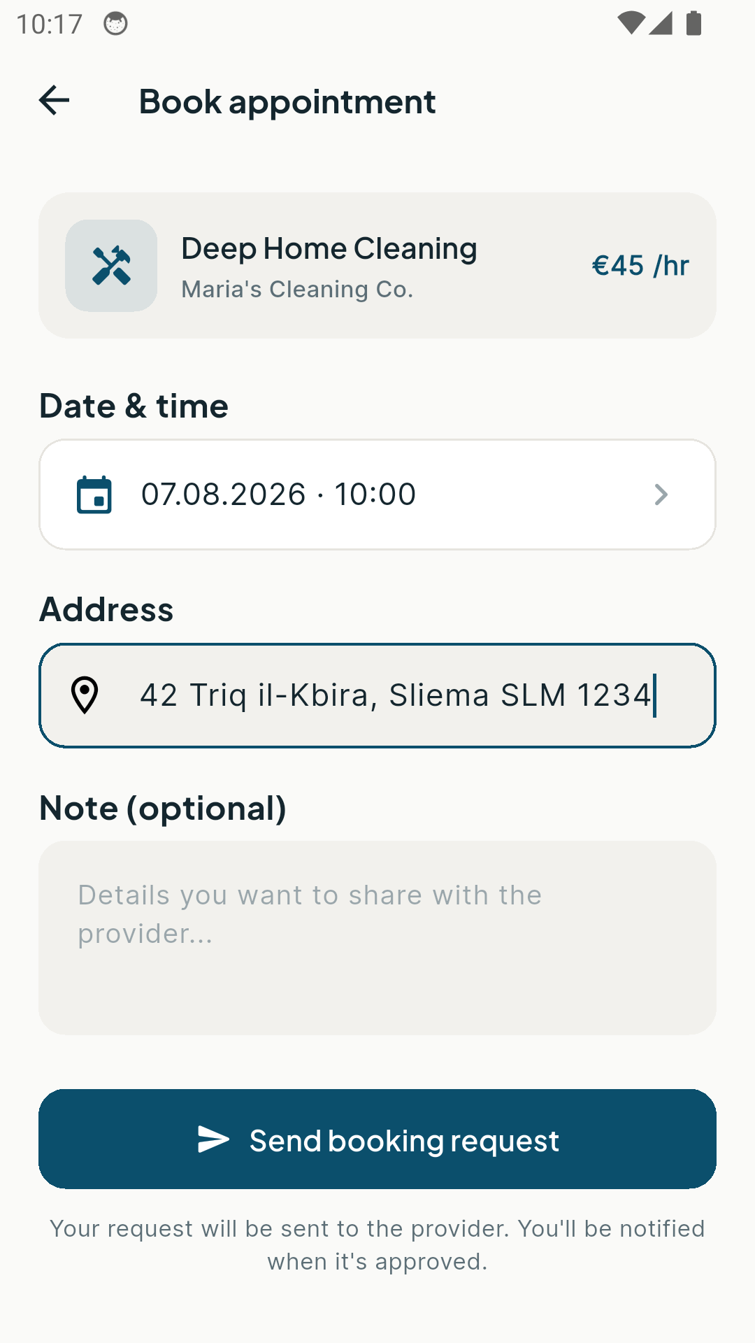 Booking screen